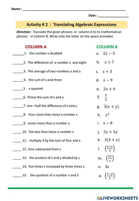 30 Translating Algebraic Expressions Worksheet | Education Template